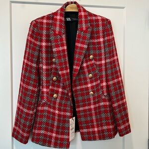 Zara plaid blazer with gold accents